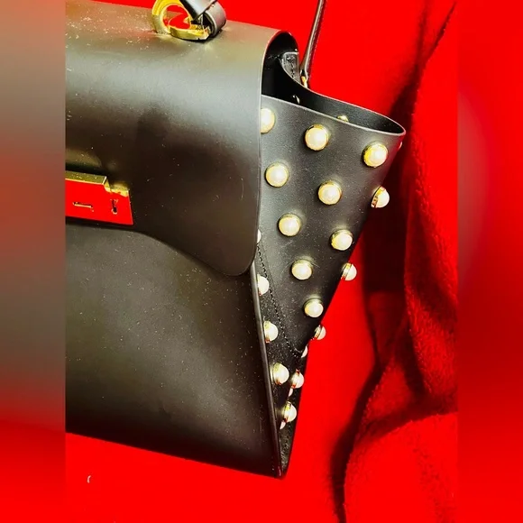 Zac Posen Black and Gold Structured Satchel with Pearl Accents & Dust Bag - Picture 5 of 10